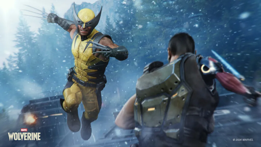 Wolverine lunges with claws at the ready toward a Reaver atop a truck as the convoy surrounds them in Marvel's Wolverine