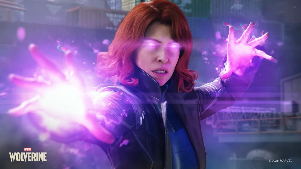 Jean Grey raises her hands as a bright purple telekinetic aura illuminates her eyes in Marvel's Wolverine