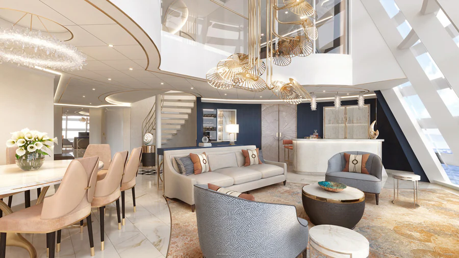 Interior living space of the Wish Tower Suite on the Disney Wish