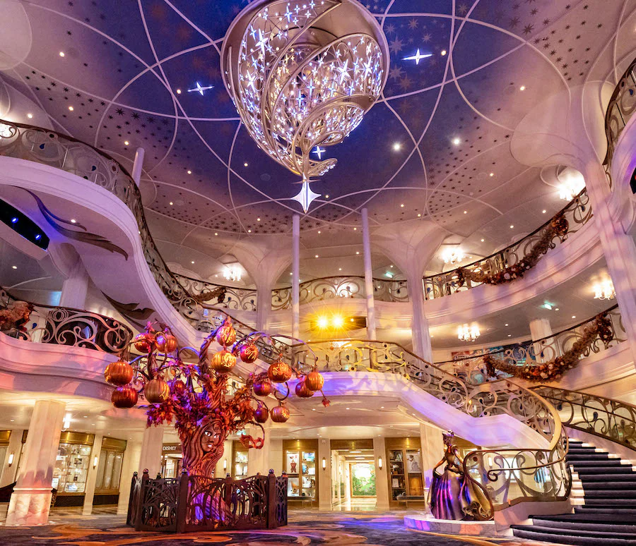 The Grand Hall on the Disney Wish decorated for Halloween