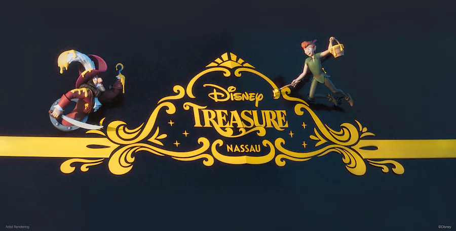 Rendering of Peter Pan and Captain Hook stern sculptures for the Disney Treasure