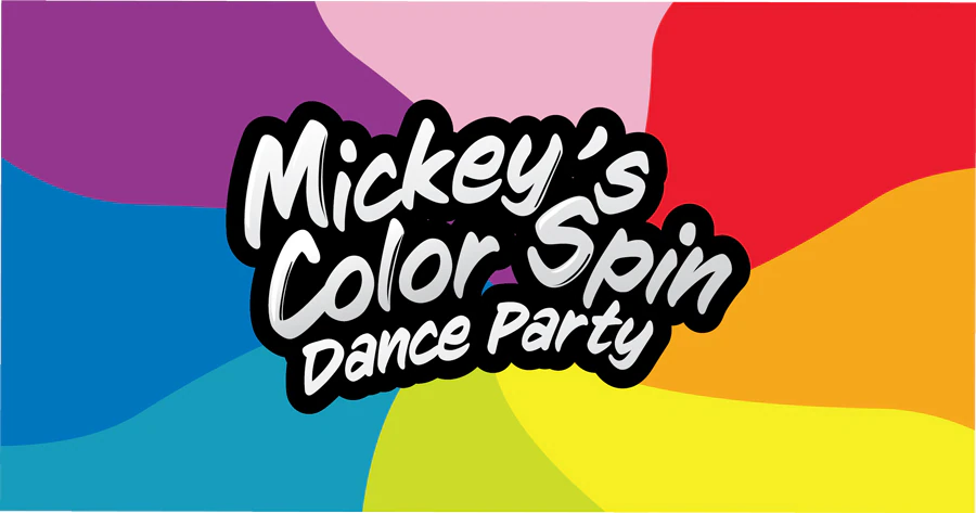 Mickey's Color Spin Dance Party title graphic with rainbow background