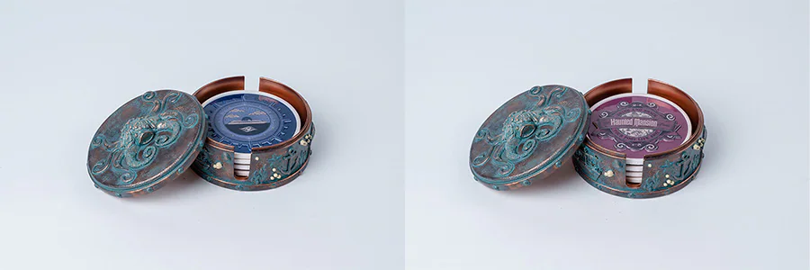 Haunted Mansion Parlor, Skipper Society Lounge and Periscope Pub coasters for the Disney Treasure