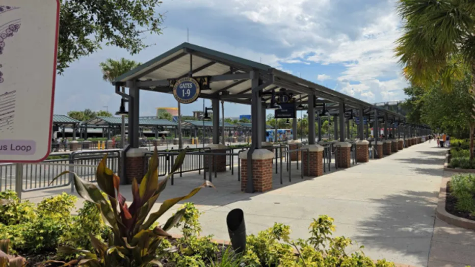 The bus loop at Disney Springs at Walt Disney World, where free transportation will soon require proof of a resort stay or reservation
