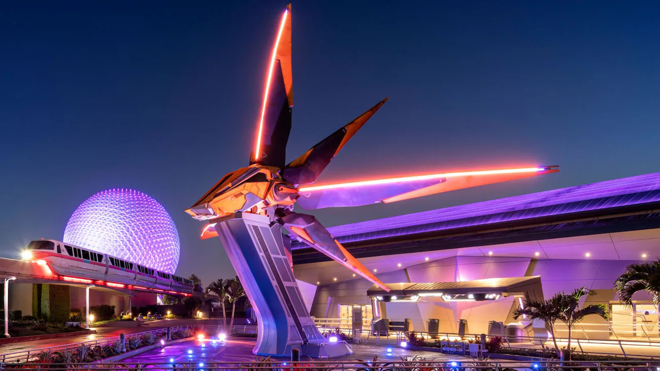 A Xandarian starship in front of the entrance to Guardians of the Galaxy: Cosmic Rewind at EPCOT