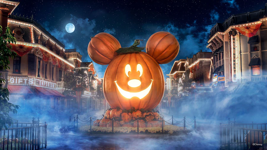A giant Mickey Mouse pumpkin on Main Street U.S.A. during Halloween Time at the Disneyland Resort