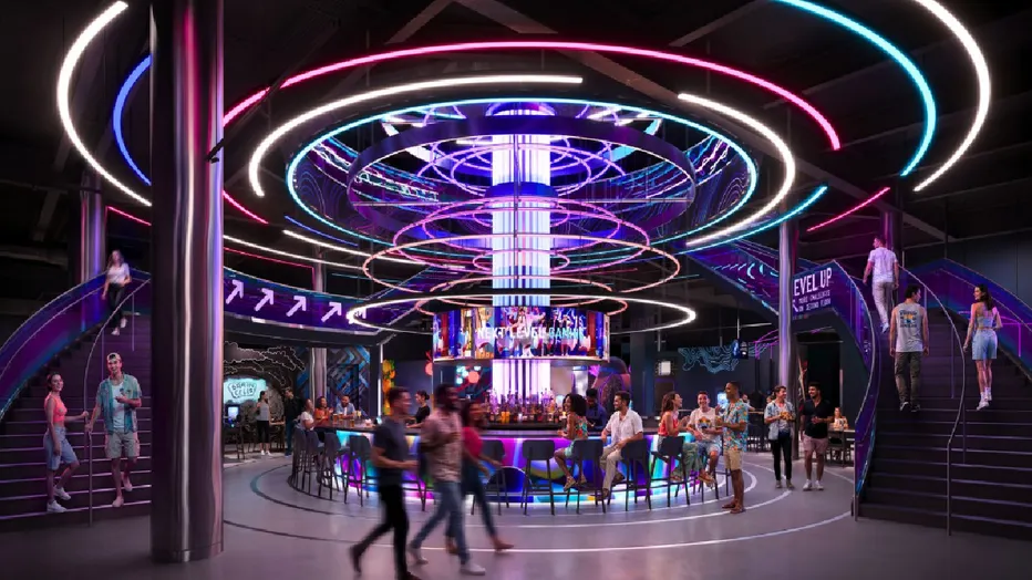 Artist rendering of the two-story central bar inside the Level99 venue at Disney Springs serving food and cocktails