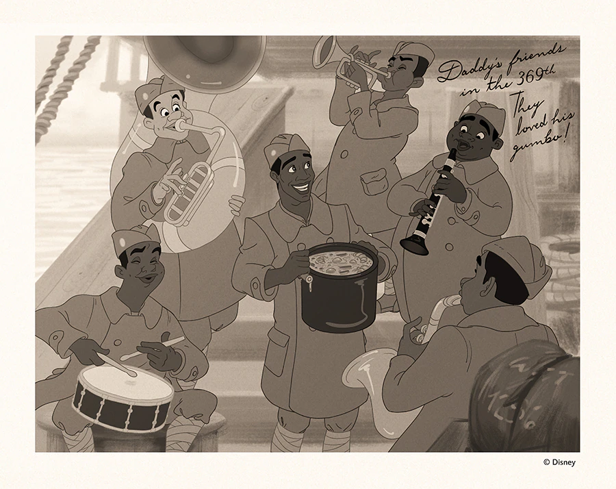 Sepia-toned scene of James offering gumbo to fellow service members in Tiana's Bayou Adventure