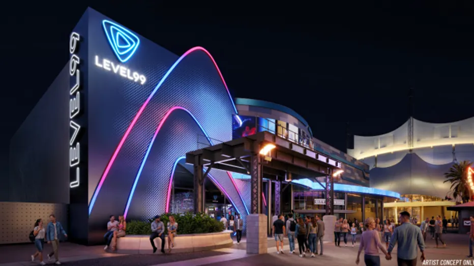 Level99 Disney Springs concept art showing the exterior of the multi-level interactive gaming venue on the West Side