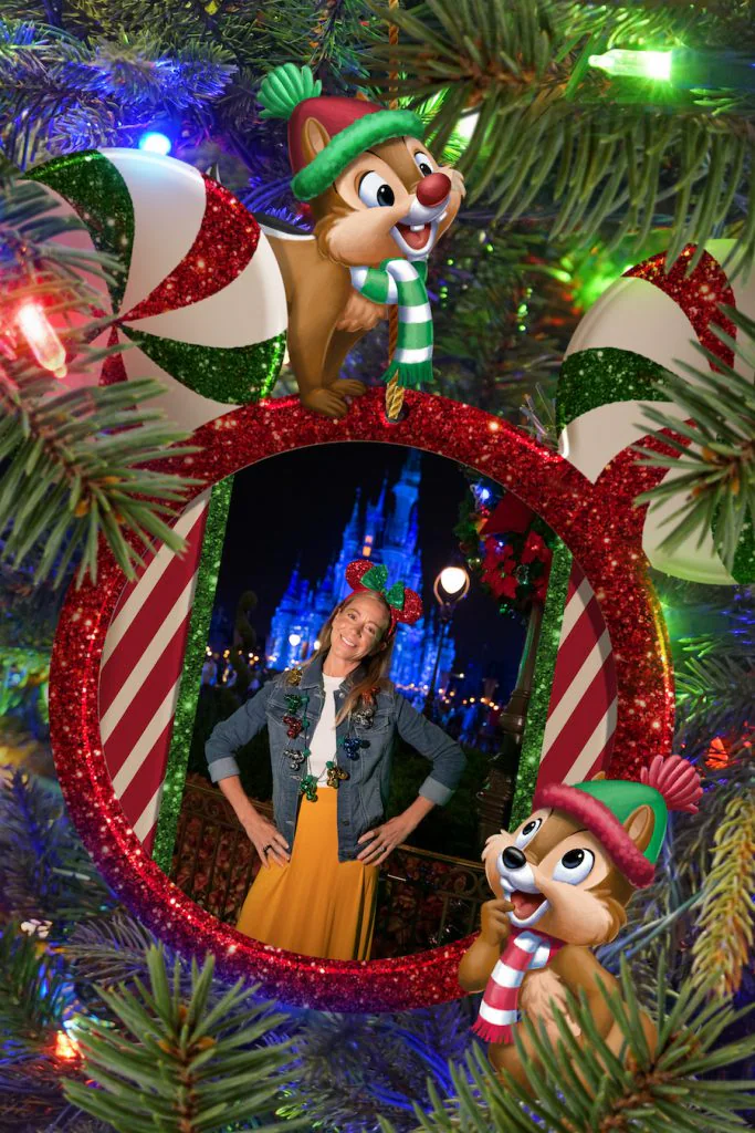 Mickey's Very Merry Christmas Party Disney PhotoPass portrait at Cinderella Castle