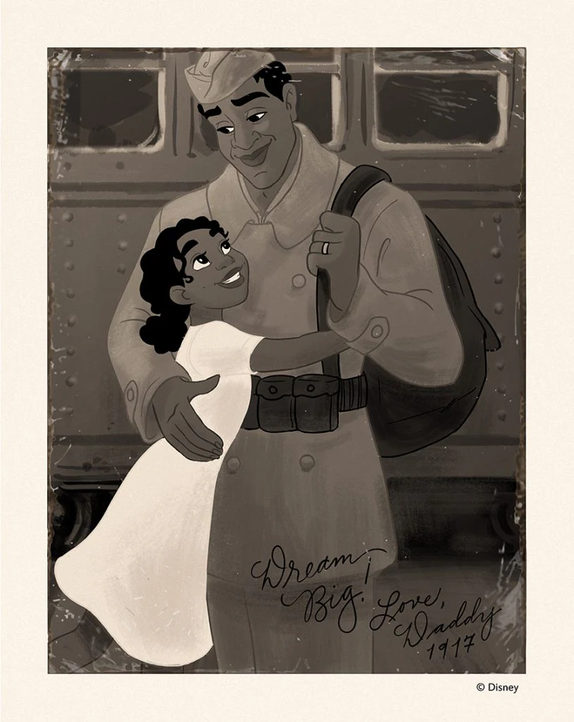Concept image of Tiana's father James in military uniform with a young Tiana in front of a train