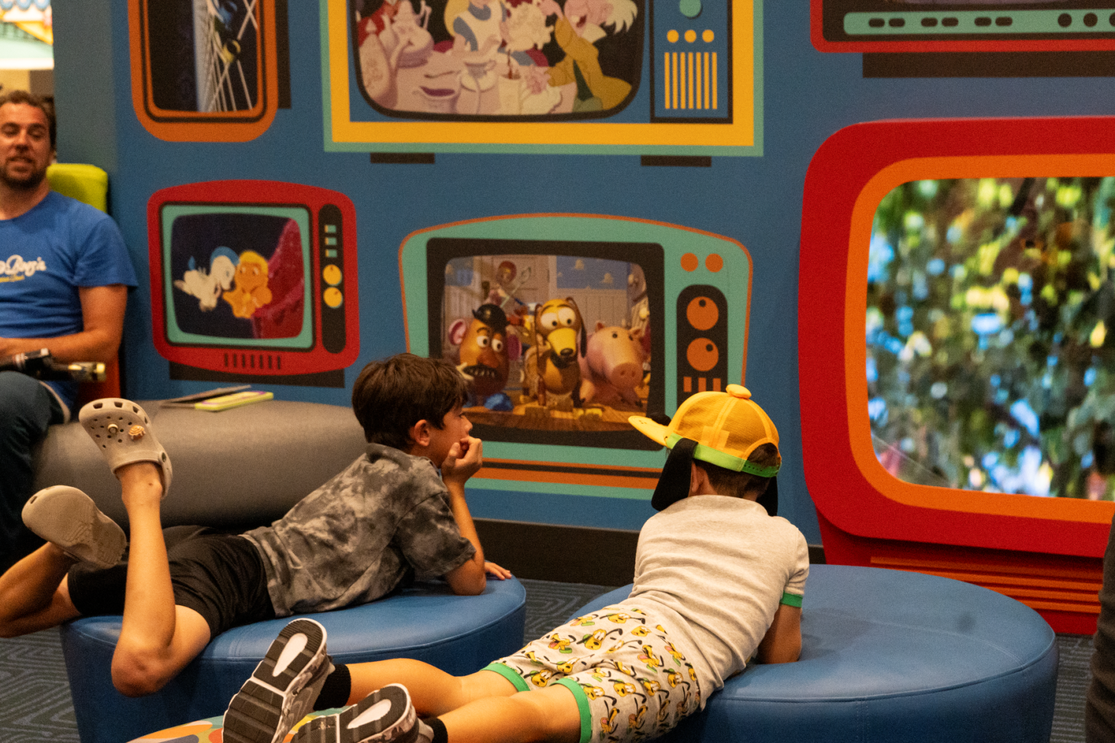 Lobby of Disney's Pop Century Resort with retro theming and seating