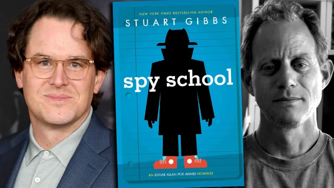 Writer Chris Fedak, the Spy School book cover, and author Stuart Gibbs, whose middle-grade series is being developed at Disney+