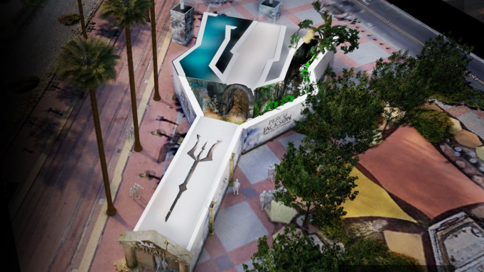 Schematic rendering of Disney Television's Percy Jackson and the Olympians activation for San Diego Comic-Con 2026 with Poseidon's trident entrance