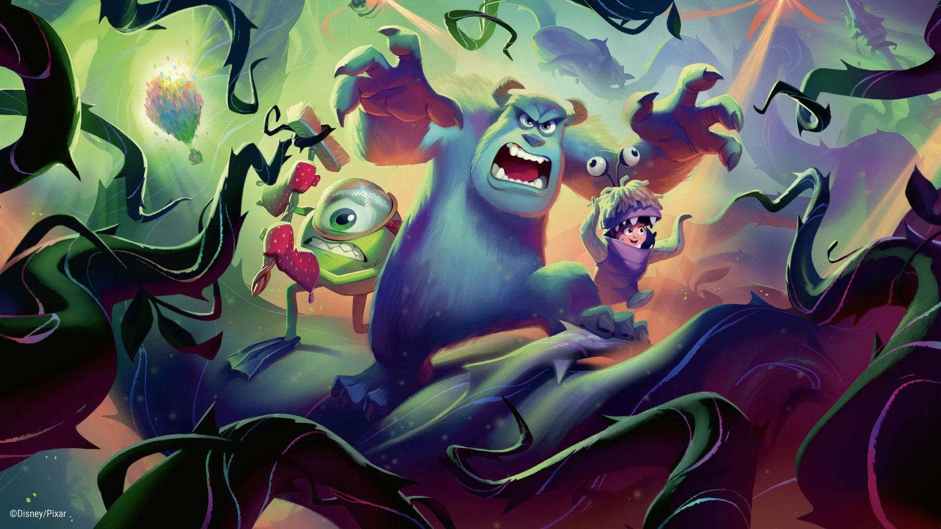 Attack of the Vine! key art for the Disney Lorcana Trading Card Game showing the Vine overtaking the realm