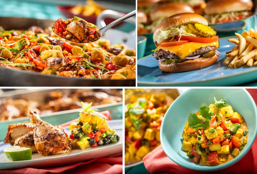 Collage of food for Disney Lookout Cay at Lighthouse Point, a destination for Disney Cruise Line