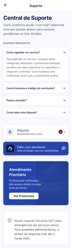 Tela Usar a Central de Suporte