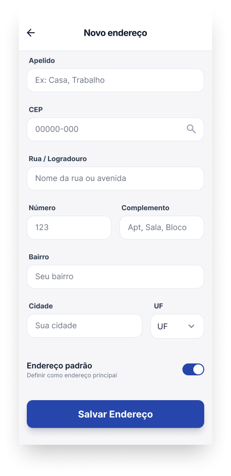 Tela Cadastrar novo endereço