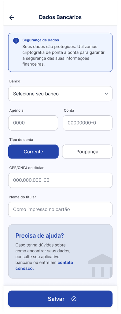 Tela Cadastrar dados bancários