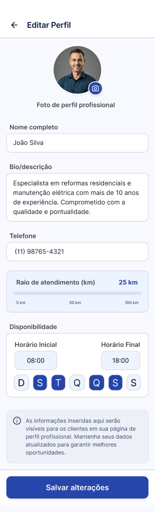 Tela Editar o perfil profissional