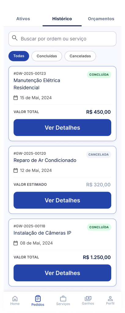 Tela Consultar o histórico de ordens