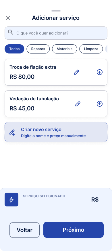 Tela Abrir o catálogo de adicionais
