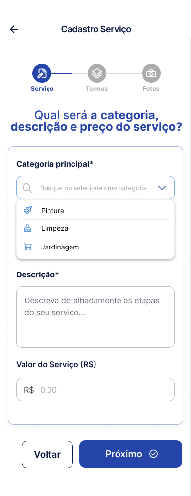 Tela Selecionar a categoria
