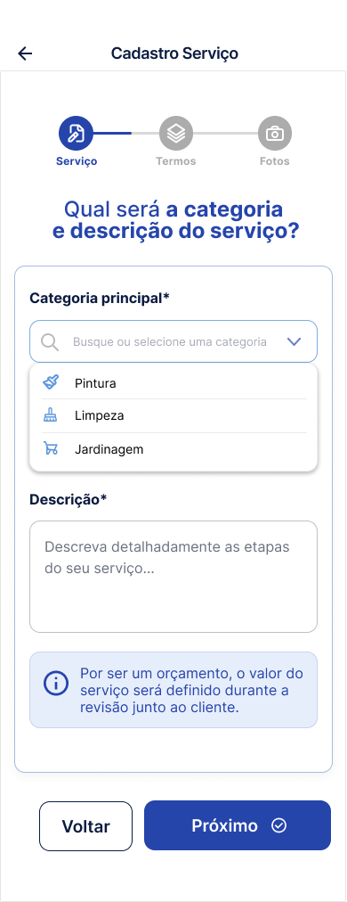 Tela Selecionar categoria (orçamento)