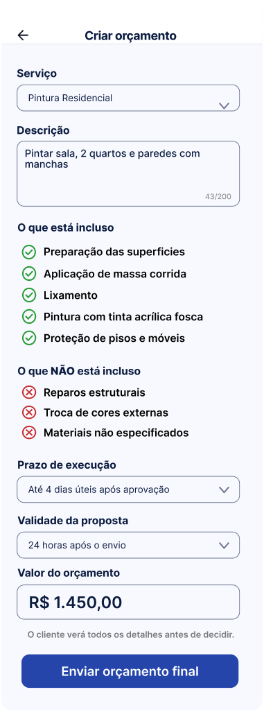 Tela Criar orçamento final