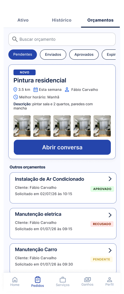 Tela Pedidos · Orçamentos