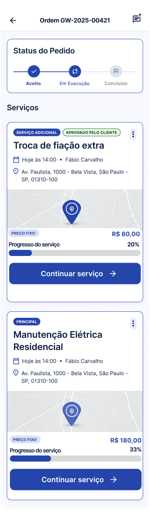 Tela Executar ordem com serviço adicional
