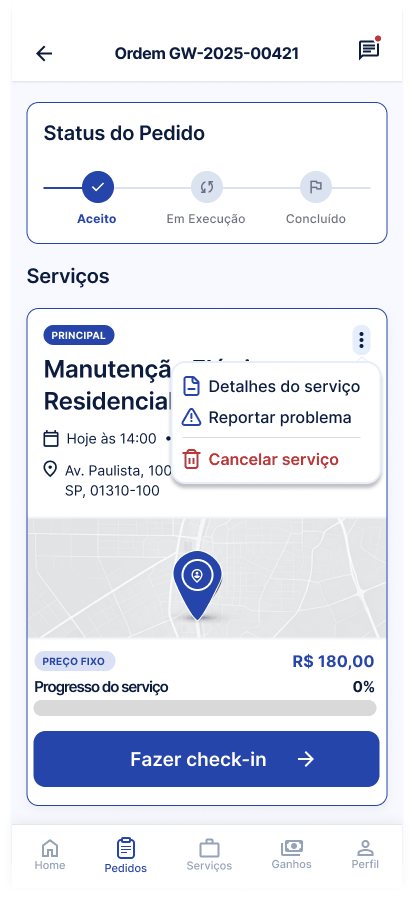 Tela Usar o menu da ordem