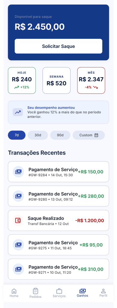 Tela Acompanhar ganhos e sacar