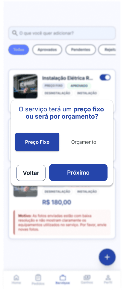 Tela Escolher preço fixo