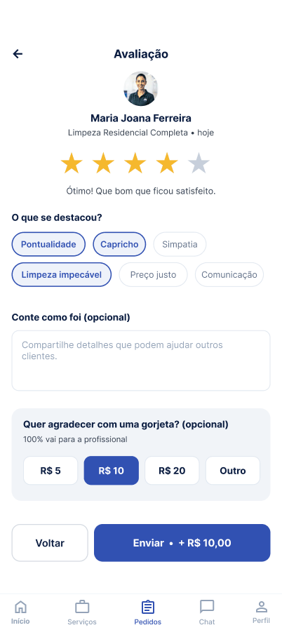 Tela Avaliar o profissional