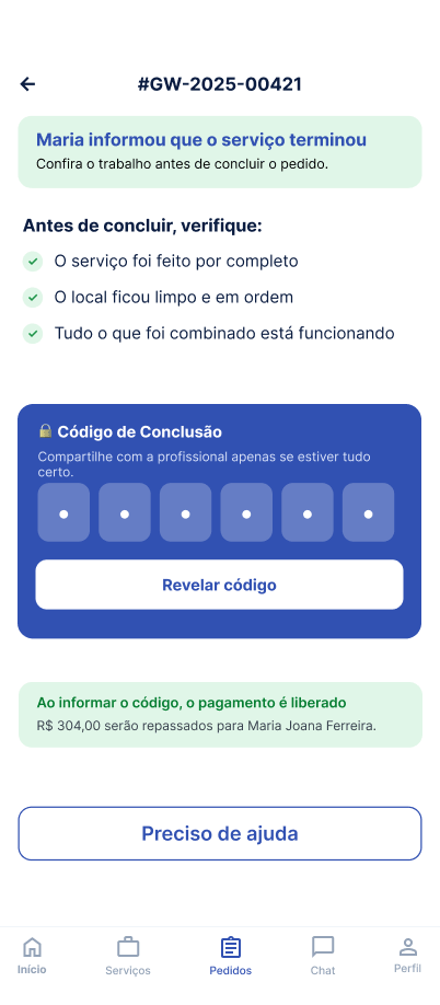 Tela Confirmar a conclusão do serviço