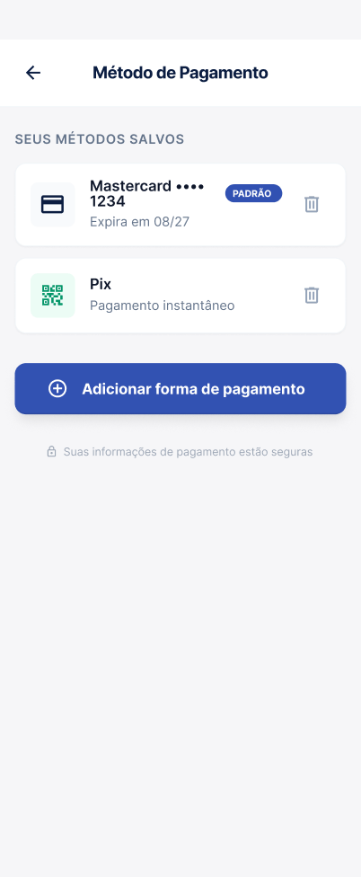 Tela Gerenciar métodos de pagamento