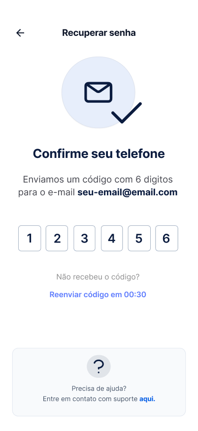 Tela Informar o código de recuperação