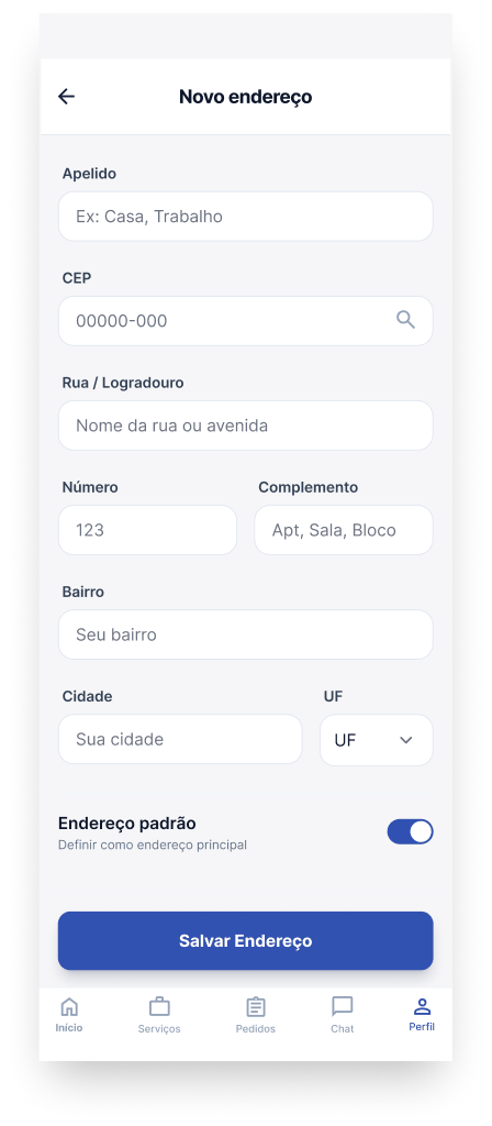 Tela Cadastrar um novo endereço