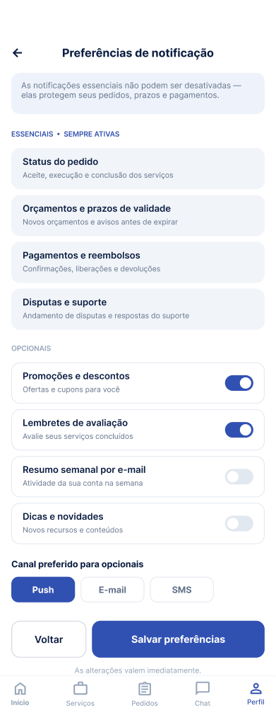 Tela Preferências de notificação