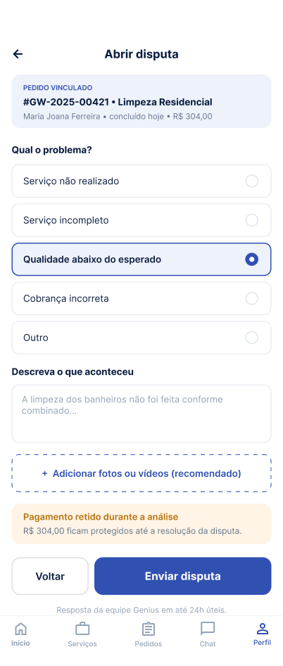 Tela Abrir uma disputa