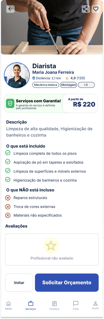 Tela Identificar serviços sob orçamento
