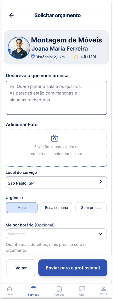 Tela Solicitar um orçamento