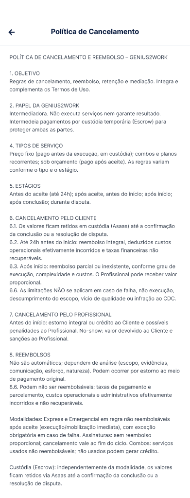 Tela Política de Cancelamento e Reembolso