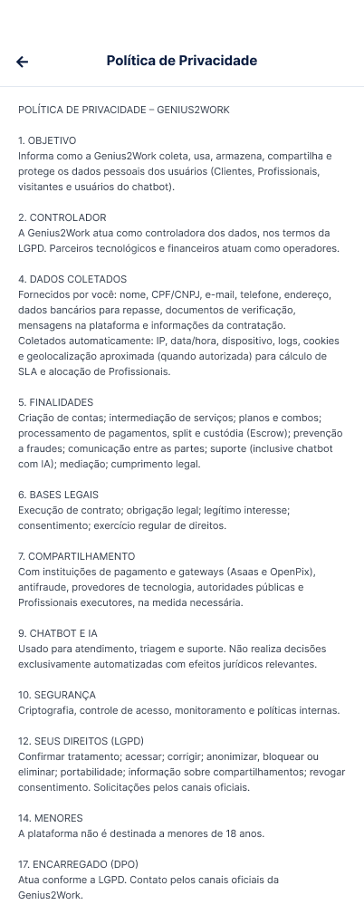 Tela Política de Privacidade