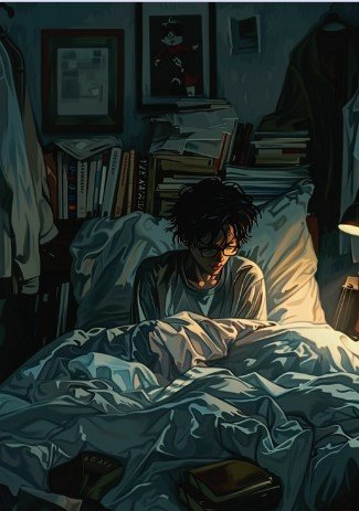 A cartoon image of someone struggling to get out of bed, with creased covers and messy piles of work in the background. It is dark with a lamp lighting up a tiny part of the bed to the right.