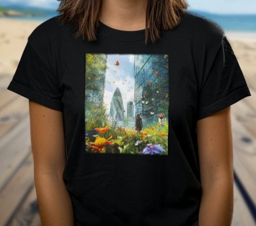 A black t shirt with an photorealist image on it containing a woman heading out of central London and towards a forest with butterflies and flowers.