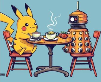 Cartoon image of Pikachu and a Dalek sat opposite each other at a table enjoying a meal together.