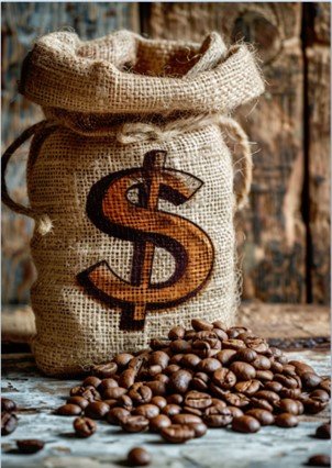 A sack with a dollar sign on it. Coffee beans have been poured out of it in front.