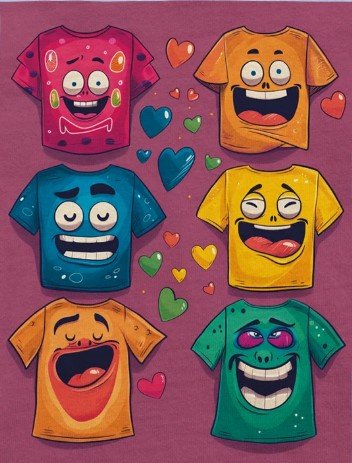 A cartoon image of 6 t-shirts in different colours. They each have a different positive facial expression on them.